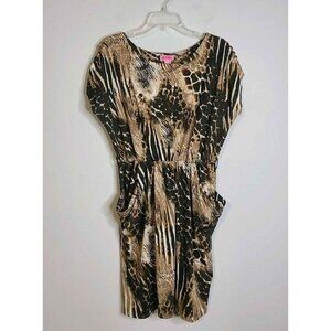 Shes Cool Animal Print Elastic Waist Pockets Stretch Black Brown Midi Dress Sz L